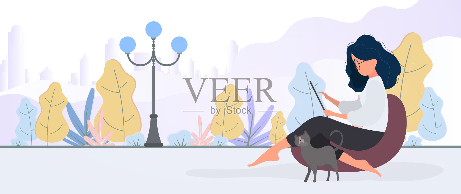 女孩坐在一个奥斯曼和工作的笔记本电脑插画图片素材