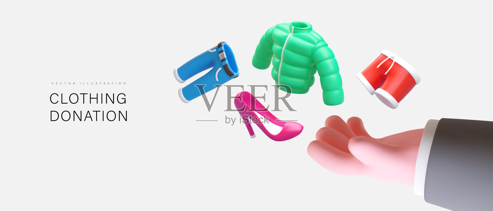 捐赠衣服和鞋子。3D手拿女人和男人衣服插画图片素材
