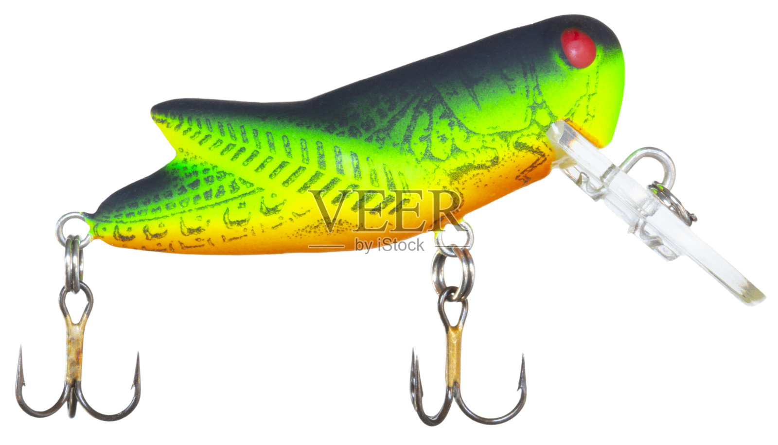 用来钓鱼的曲柄鱼饵，看起来像蚱蜢照片摄影图片