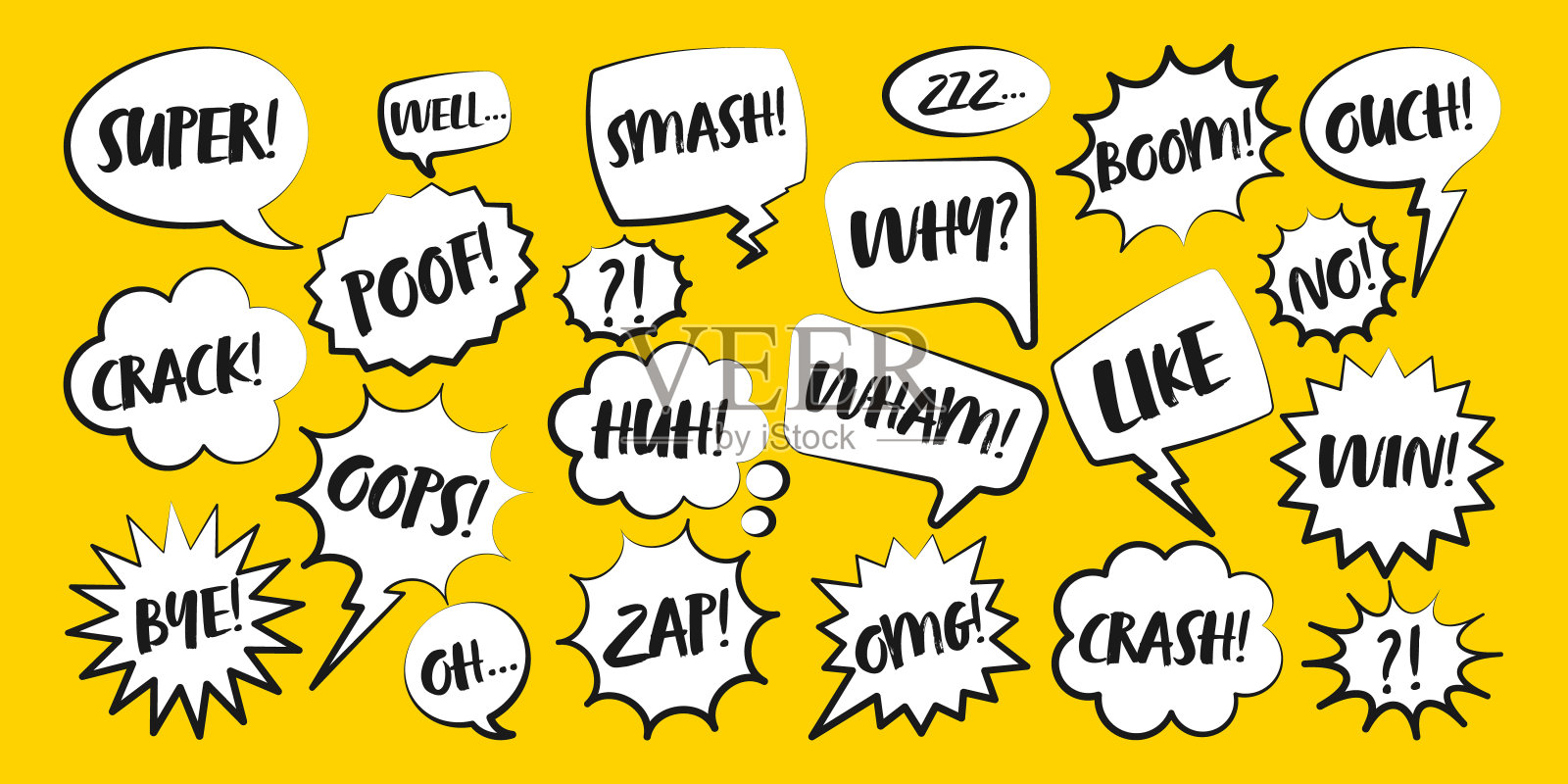 带有手写文本的滑稽演讲气泡。大纲，手绘复古卡通贴纸在黄色的背景。聊天和交流，对话元素。波普艺术风格。矢量图插画图片素材