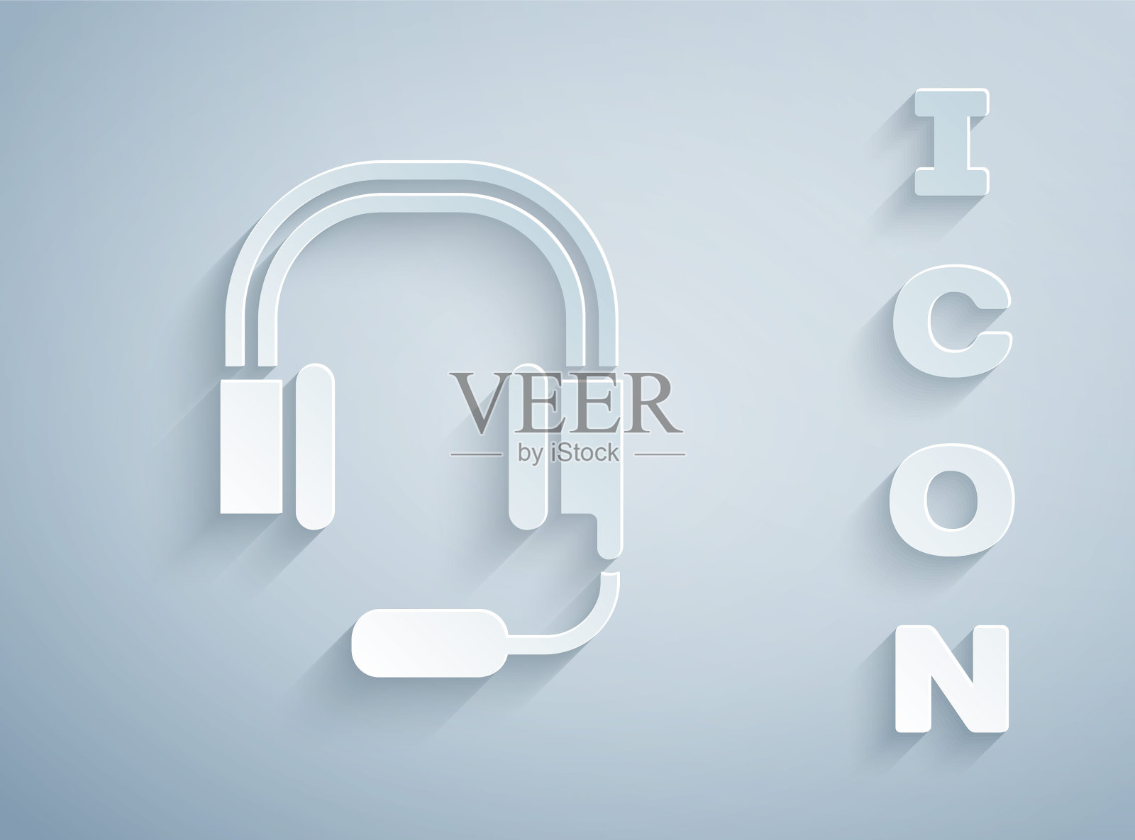 剪纸耳机与麦克风图标隔离在灰色背景。纸艺风格。向量插画图片素材