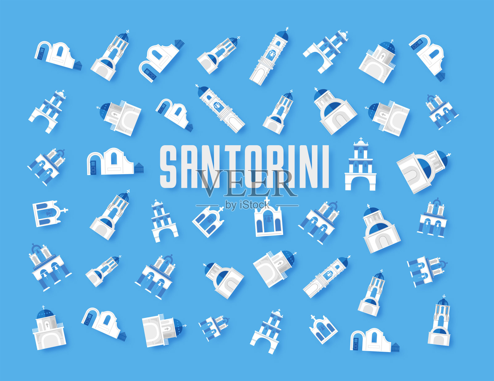 希腊伊亚岛圣托里尼岛钟楼和蓝色圆顶的平面图案插画图片素材