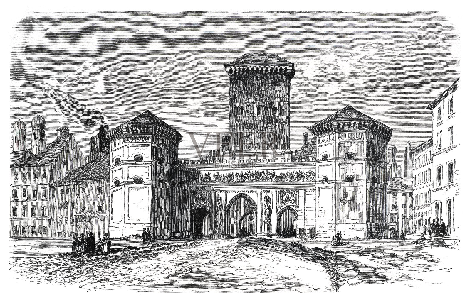 德国慕尼黑伊萨托门1862年插画图片素材