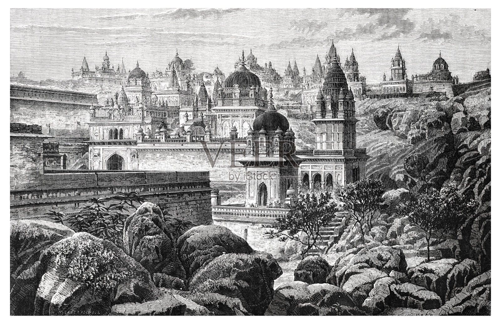 1872年，印度瓜里尔附近Sonagiri的耆那教寺庙插画图片素材