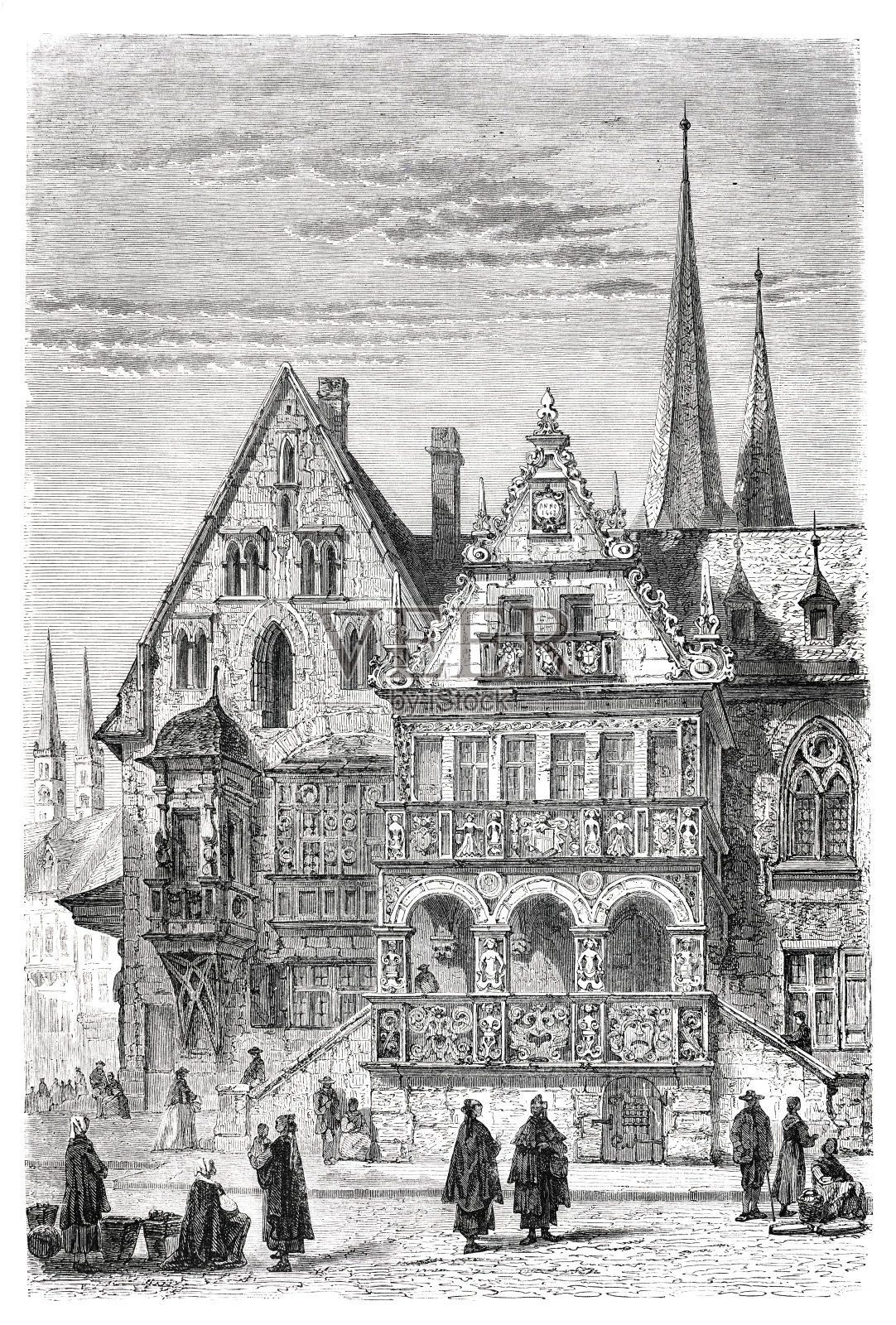 德国哈尔伯施塔特的中世纪市政厅和集市插画图片素材