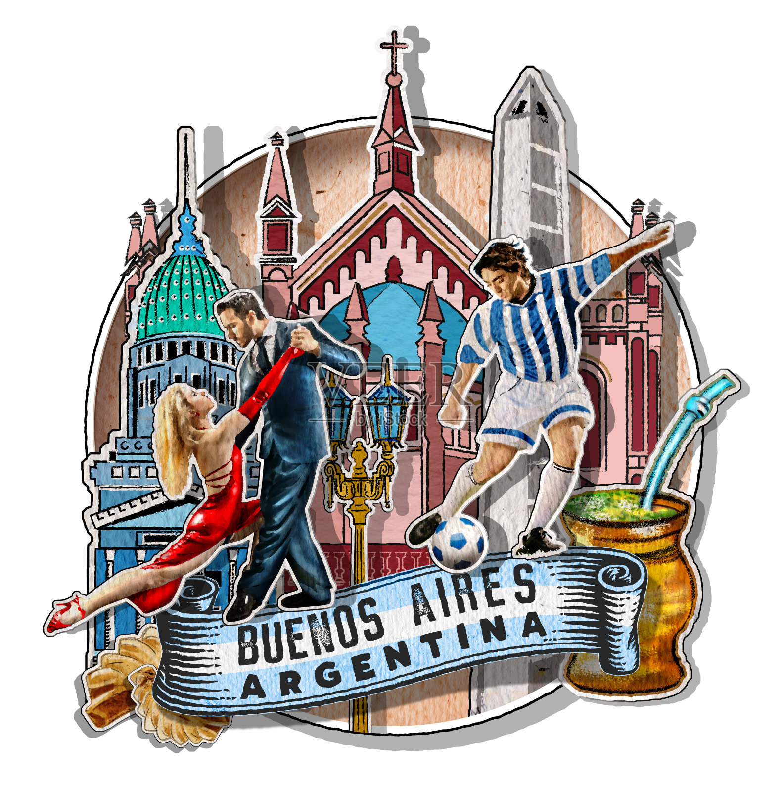 阿根廷布宜诺斯艾利斯的重要建筑和符号插画图片素材