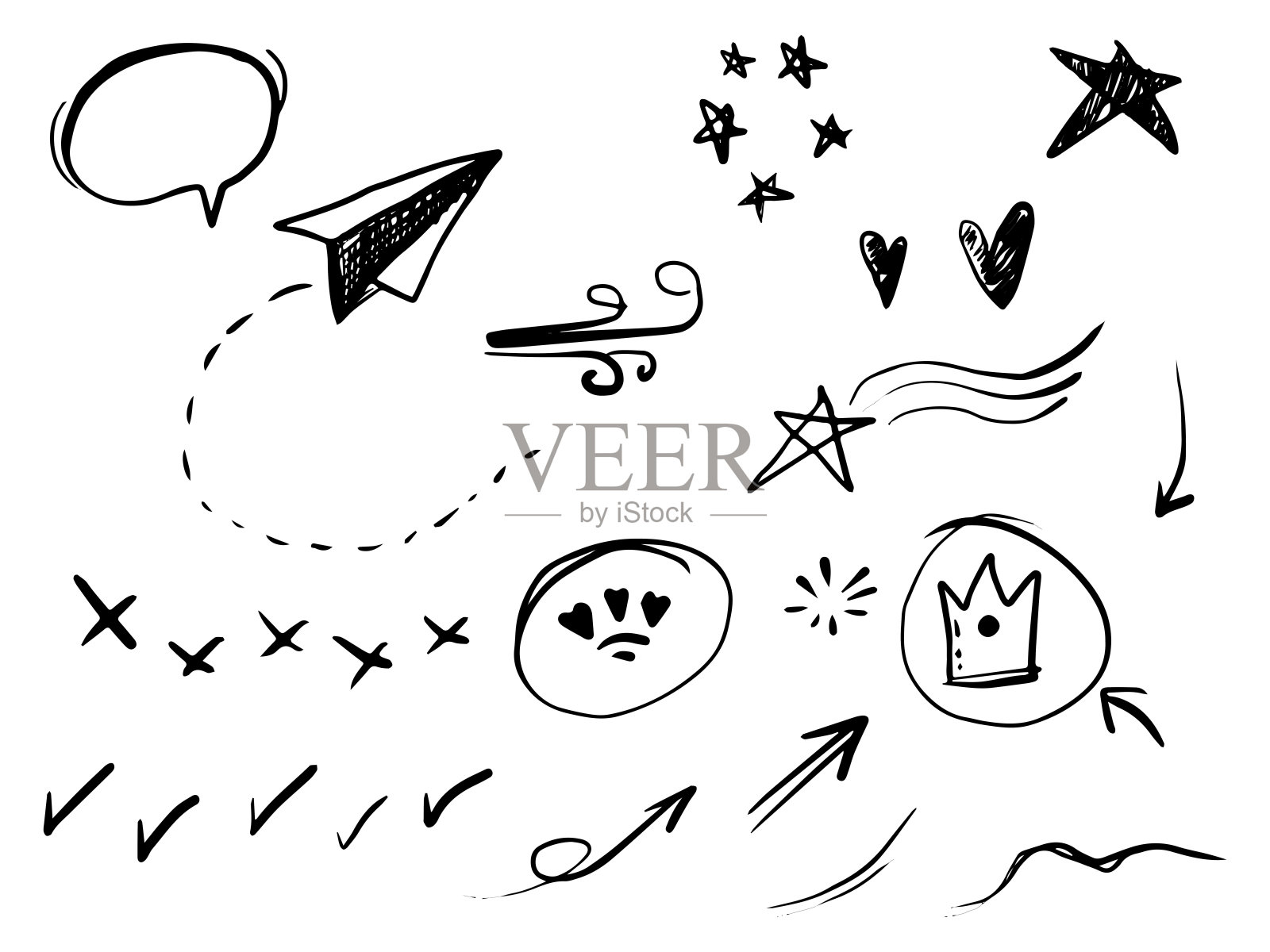 手绘的抽象涂鸦元素集。用于概念设计。孤立在白色背景上。矢量图插画图片素材