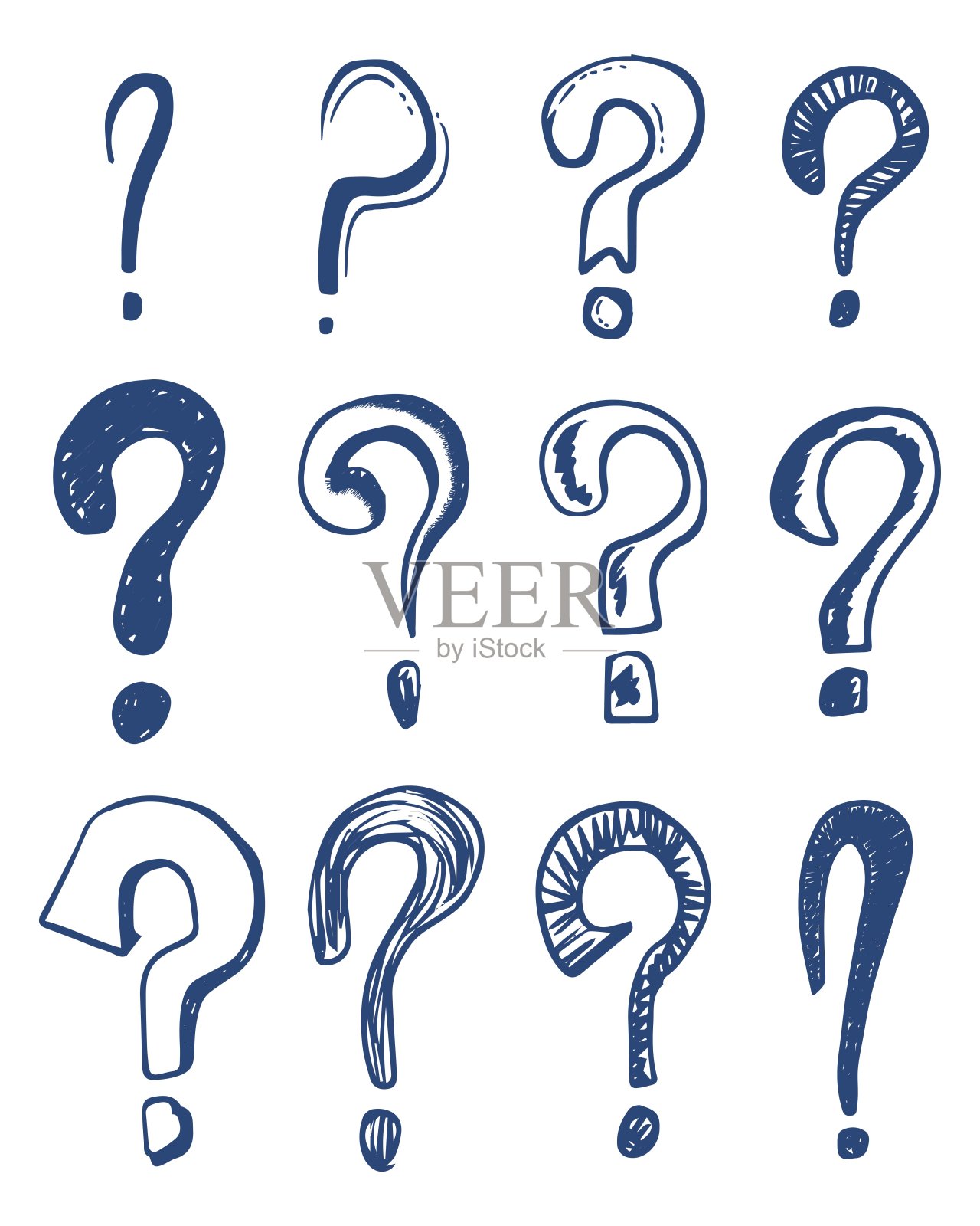 一组手绘问号。涂鸦问号。孤立在黑白上。矢量插图。插画图片素材