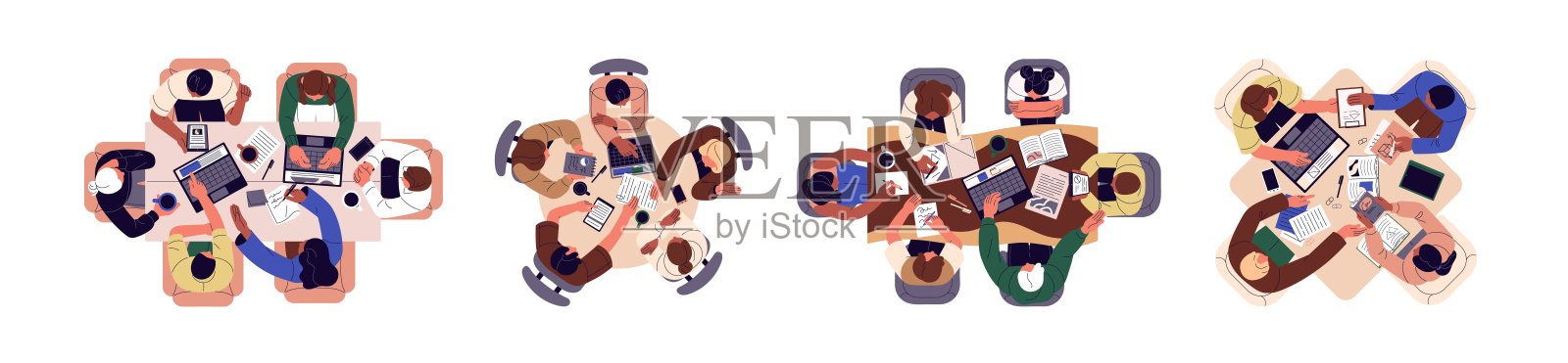 工作在桌面视图设置。人们在办公室里一起学习、讨论、计划、开会、围坐在桌子旁。在商业、班级、公司、学校的团队合作。平面隔离矢量插图上的白色插画图片素材