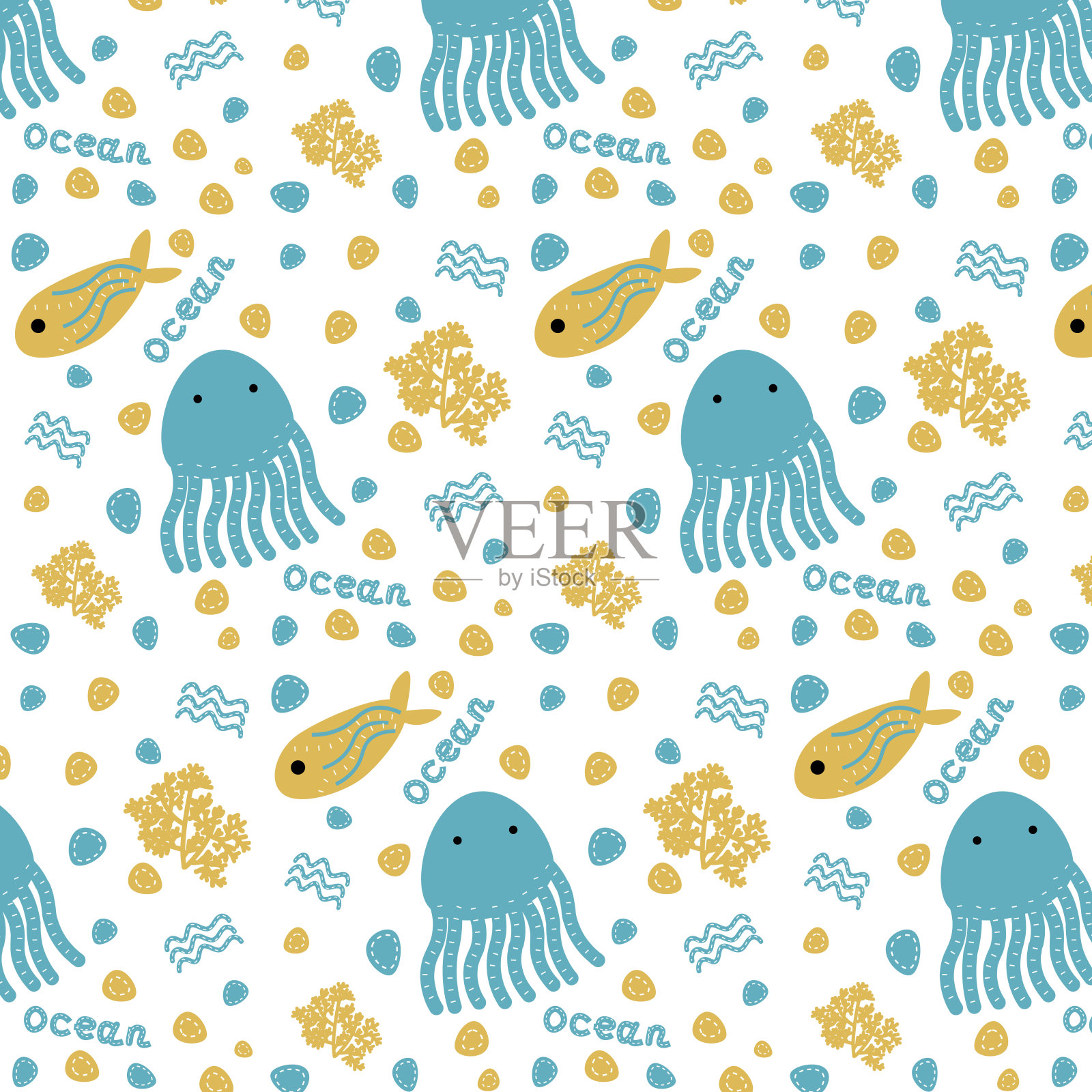 无缝图案海洋动物章鱼鱼和题词海洋在一个白色的背景。矢量图形横幅模板。EPS10插画图片素材