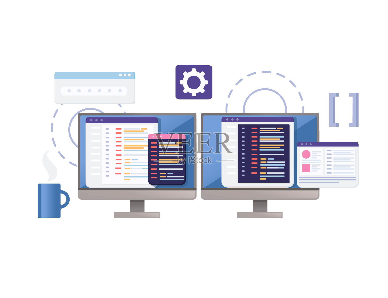 概念开发使用编程语言与在线共享数据矢量插图在白色背景插画图片素材