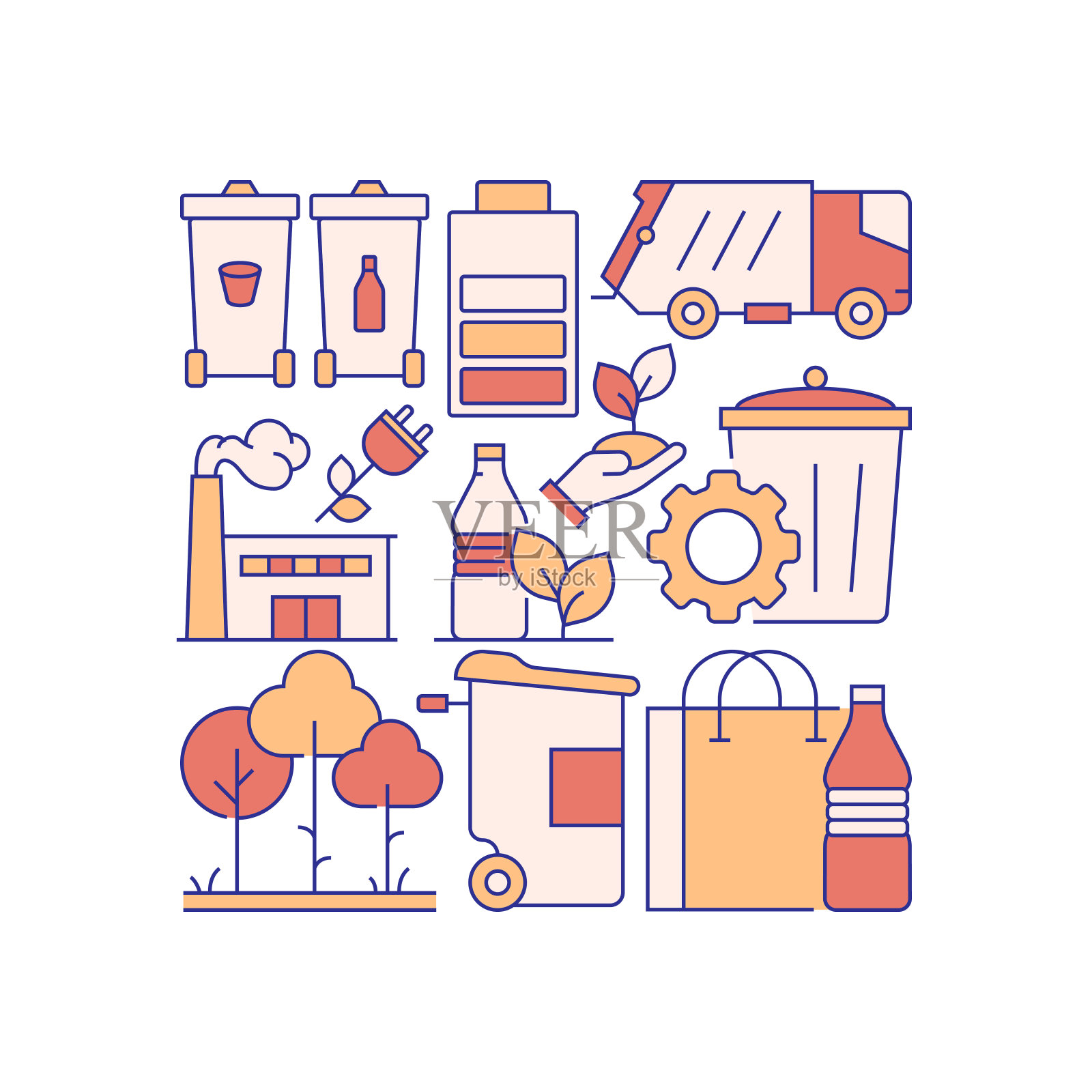 回收和零废物矢量旗帜设计概念。轮廓线图标矢量插图模板的网站，演示等。插画图片素材