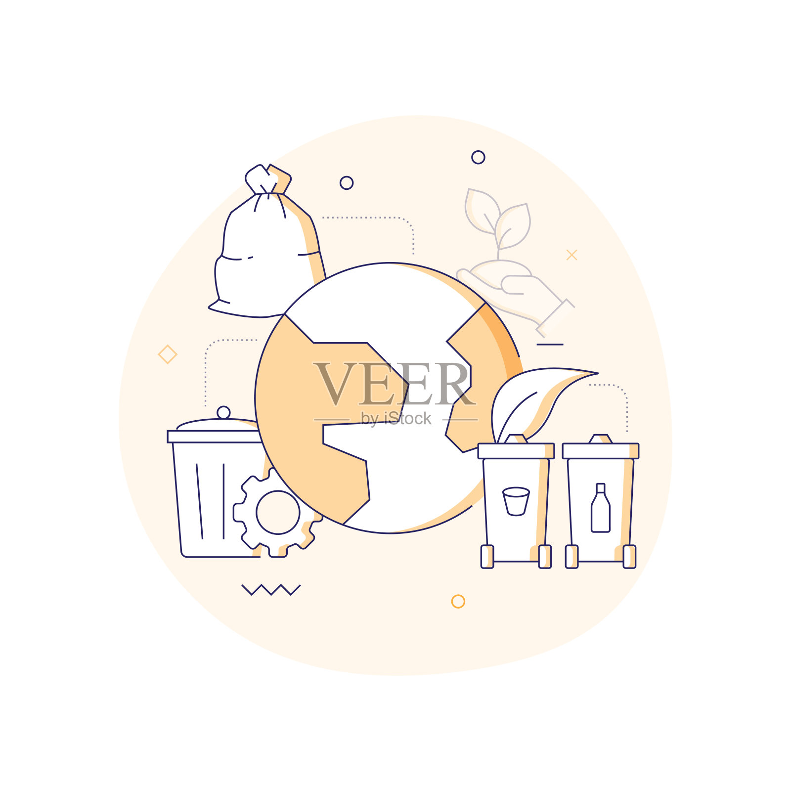 回收和零废物矢量旗帜设计概念。轮廓线图标矢量插图模板的网站，演示等。插画图片素材