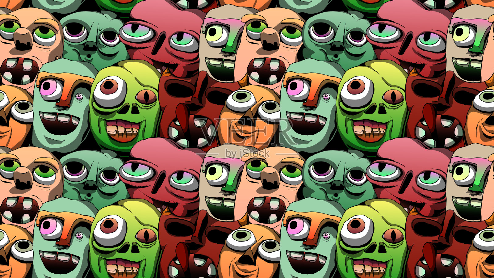 卡通无缝插图-滑稽的拟人化的脸。插画图片素材