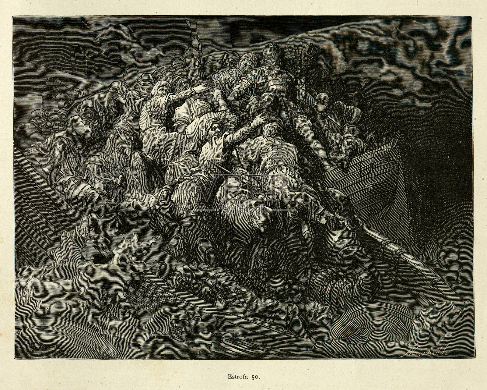 中世纪的水手争先恐后地从沉船上逃生插画图片素材