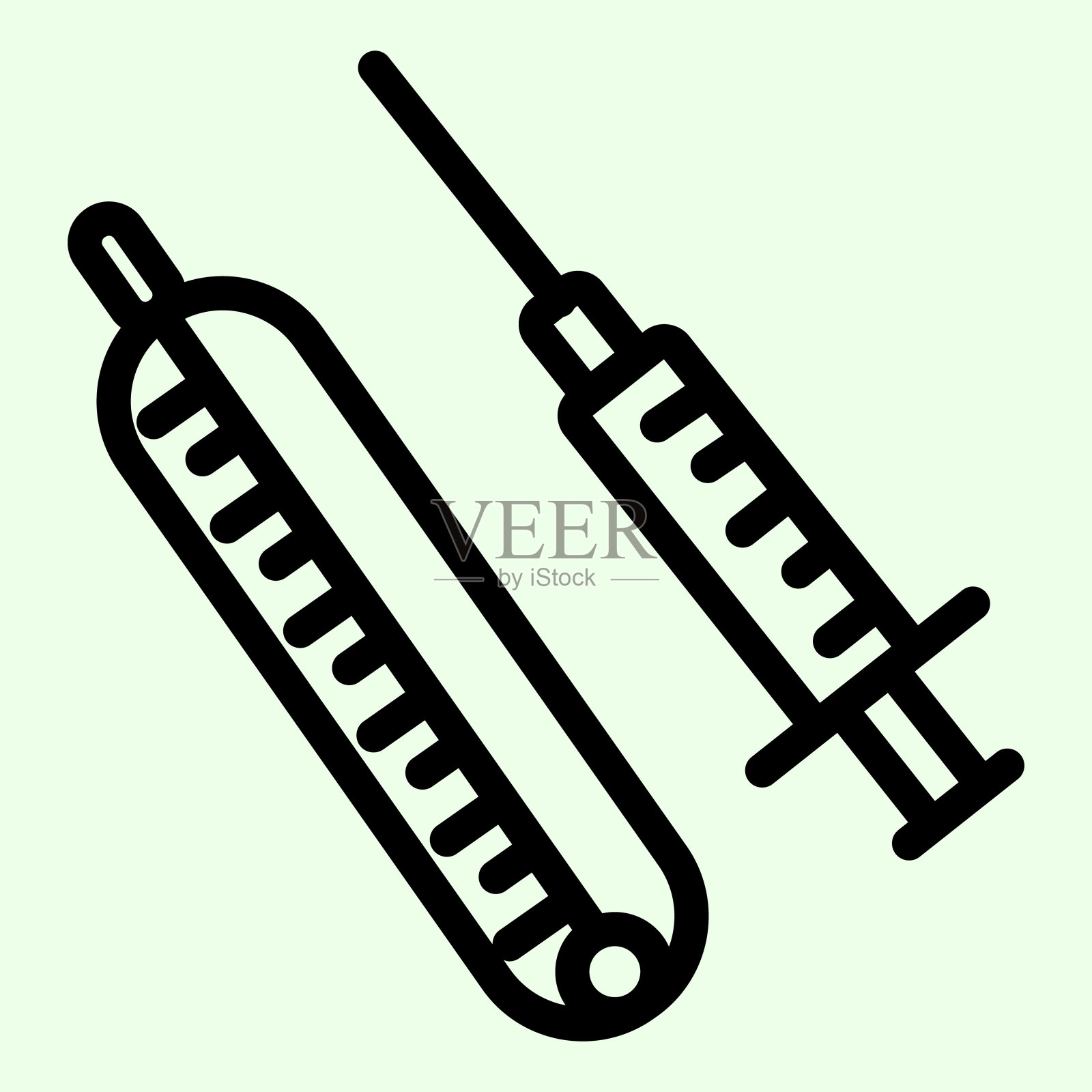 注射器线图标。带有疫苗和温度计的医用注射器，白色背景上的轮廓形象形文字。化学医药标志移动概念网页设计。矢量图形。插画图片素材