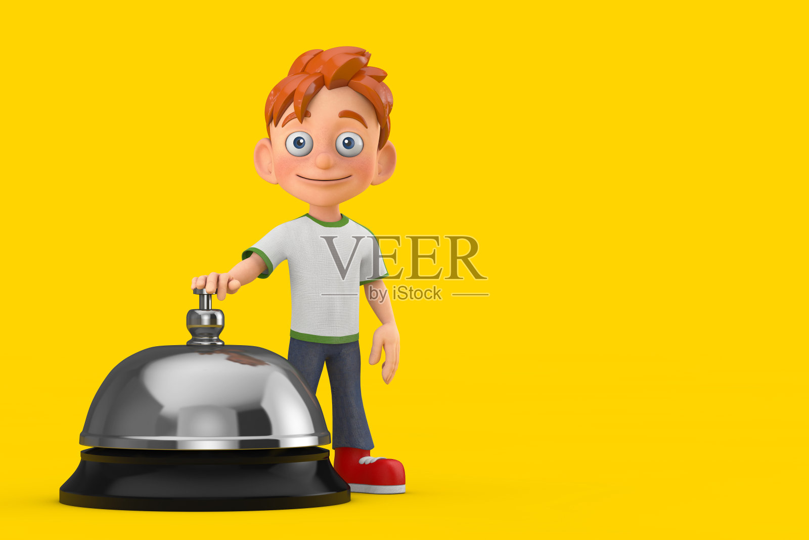 卡通小男孩青少年人物吉祥物与酒店服务铃。3d渲染照片摄影图片