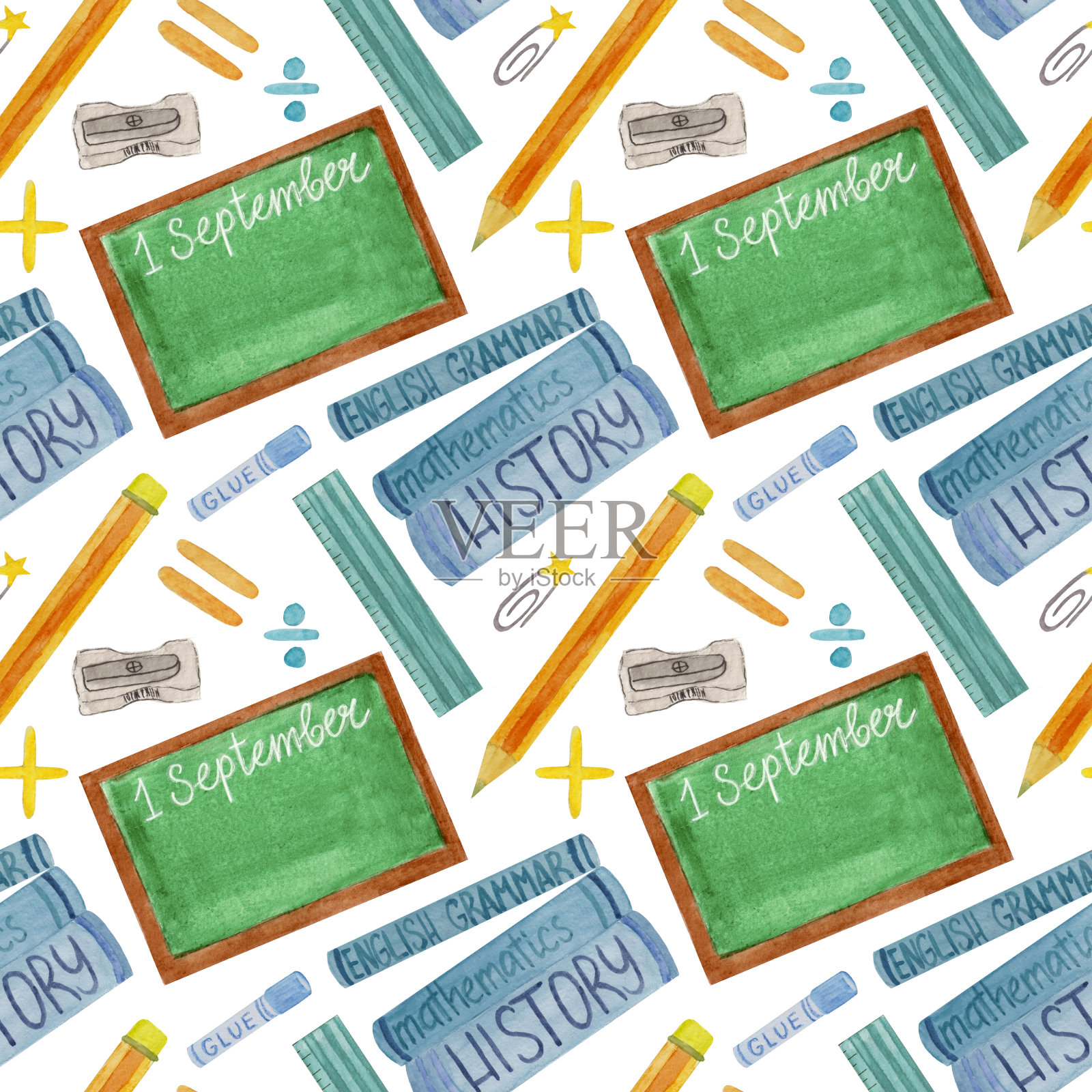 水彩无缝学校图案与铅笔，胶水，数学符号，书籍，尺子，绿色黑板在白色的背景。插画图片素材