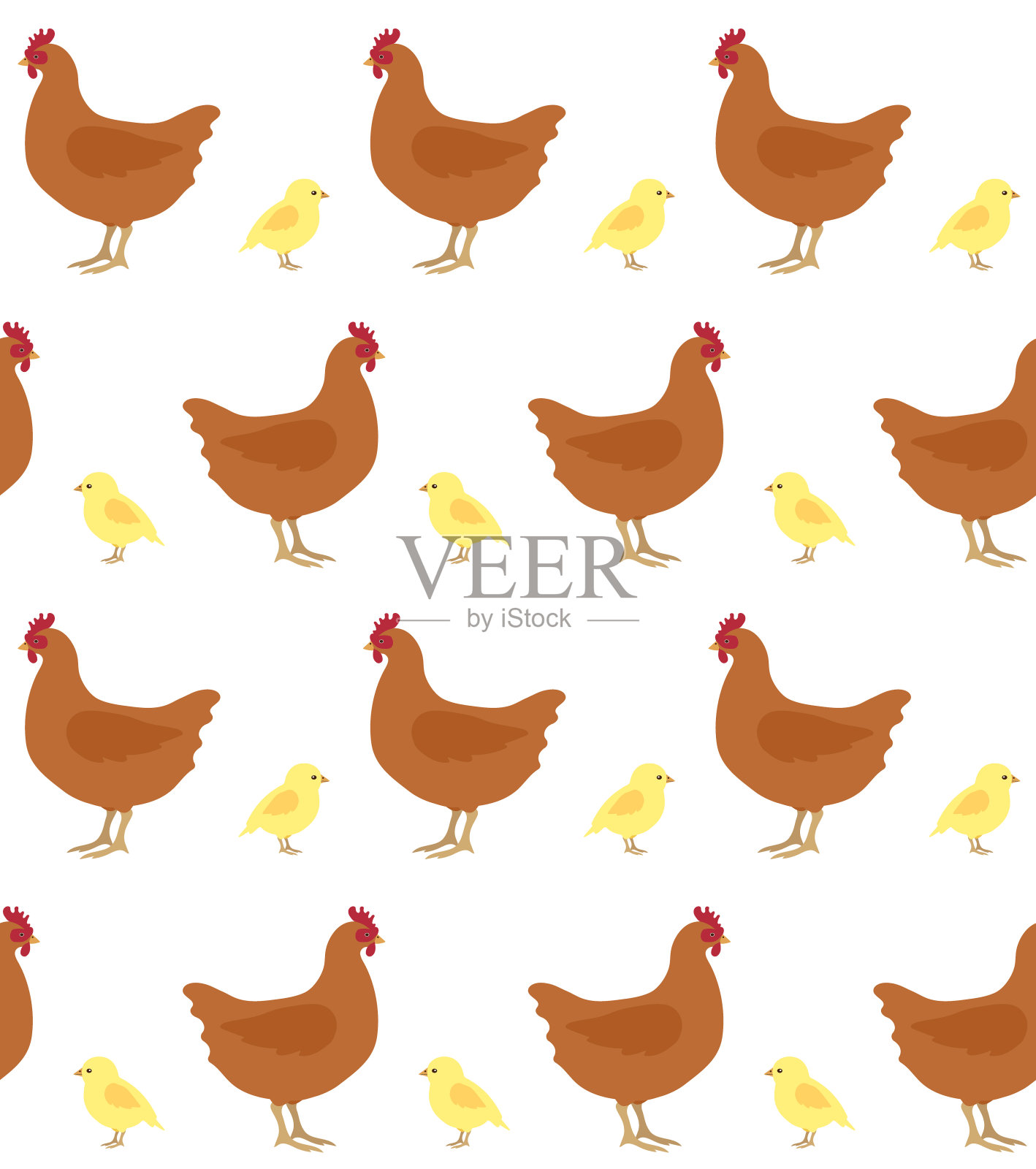 矢量无缝模式的平面手绘鸡和小鸡插画图片素材