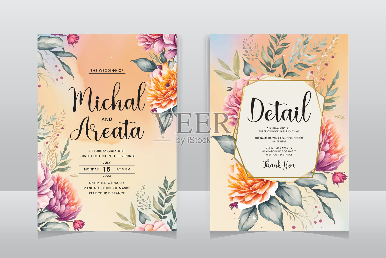 水彩集婚礼邀请卡模板插画图片素材