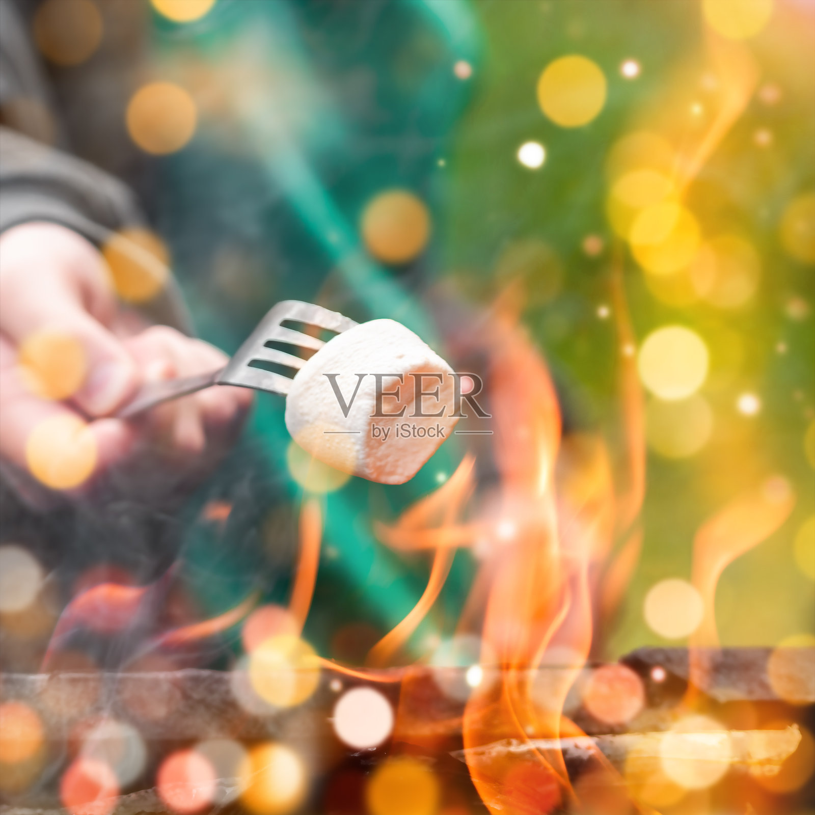 在篝火上烤棉花糖。在营火边玩得开心。在秋天的森林里露营和家庭度假。照片摄影图片