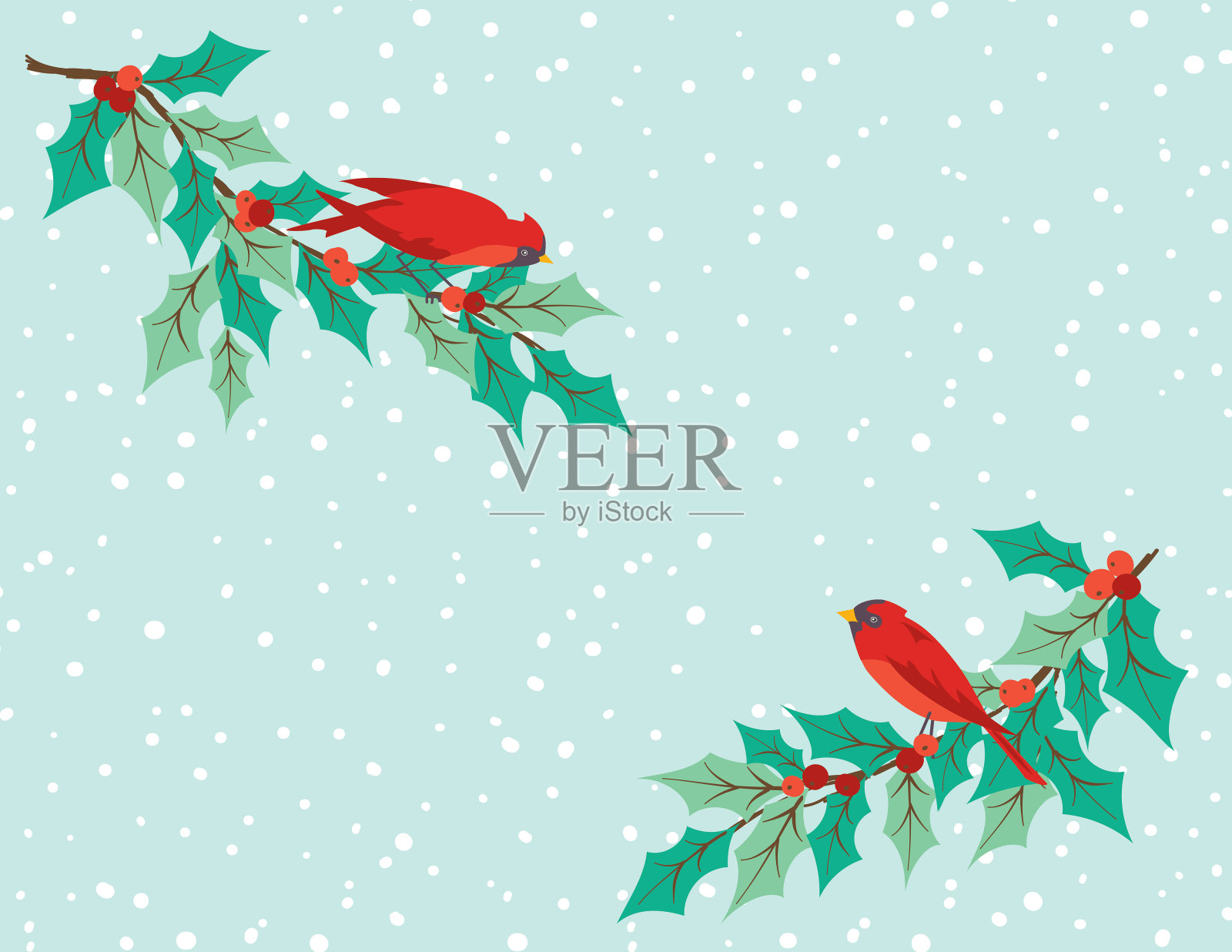 圣诞背景与冬青和红雀在一个粉彩雪花基地插画图片素材