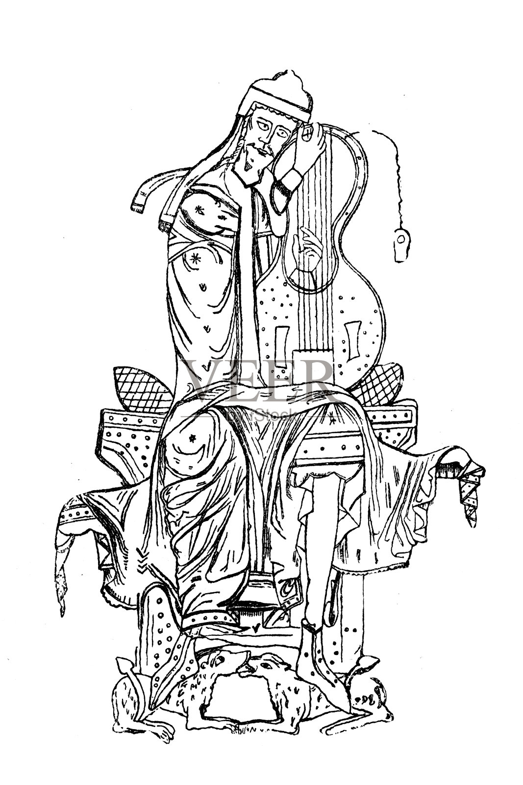 大卫王会弹竖琴(洛特)。瑞士圣加尔修道院图书馆收藏的诺克·拉比奥(诺克三世，本笃会修士，约950-1022年)手稿中的法克斯米莱(彩色石雕)插画图片素材