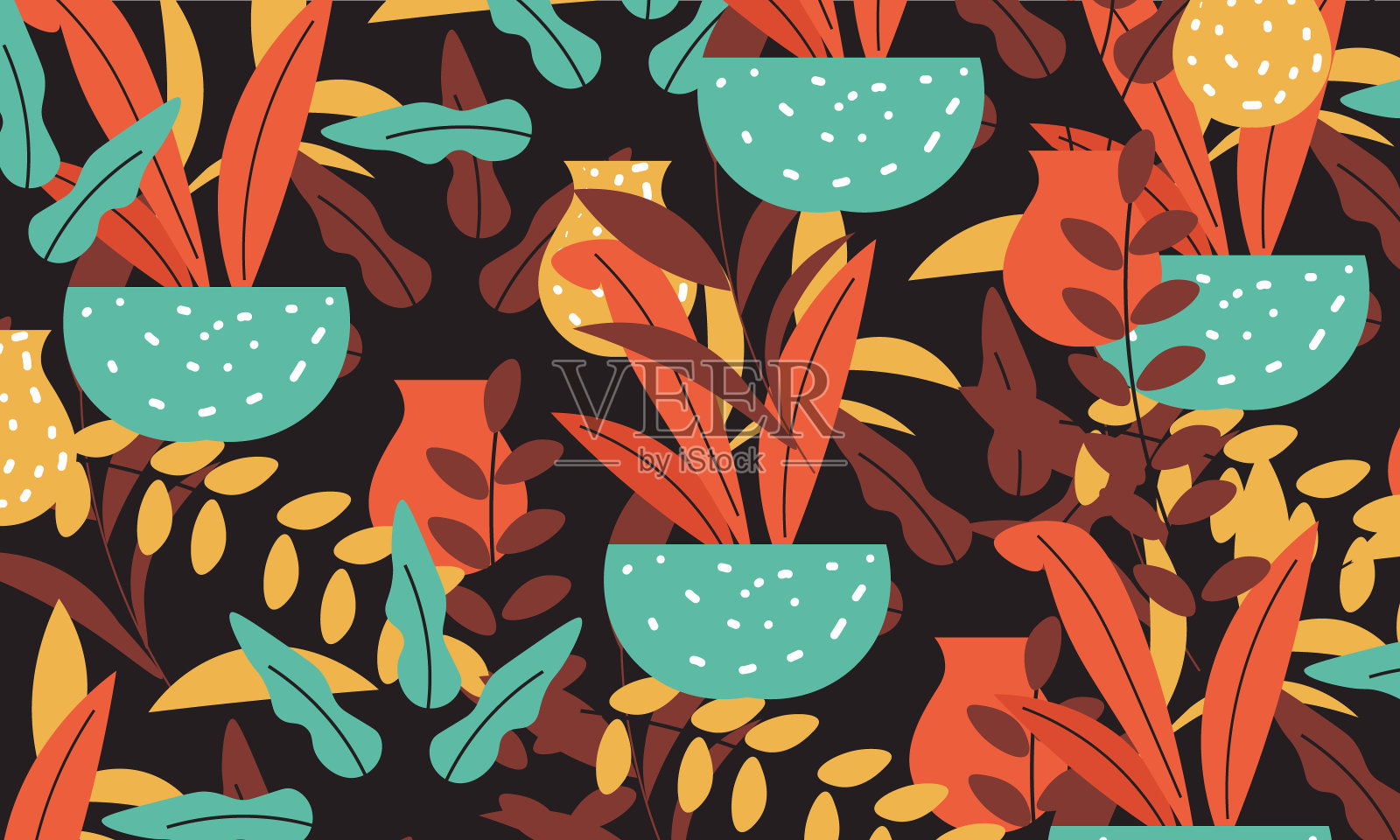 带有热带植物和叶子的奇异图案插画图片素材