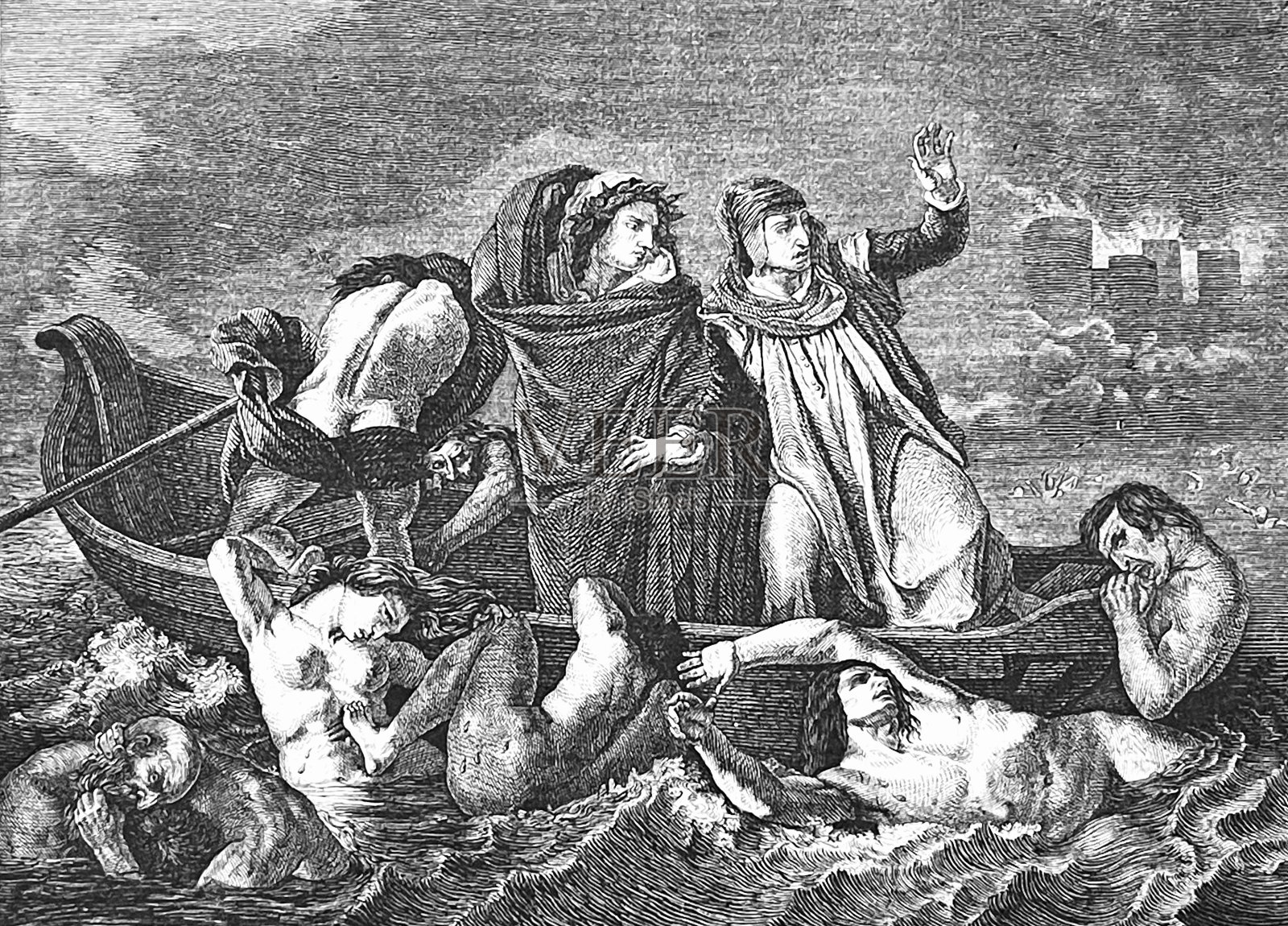 但丁和维吉尔在愤怒的地狱里插画图片素材