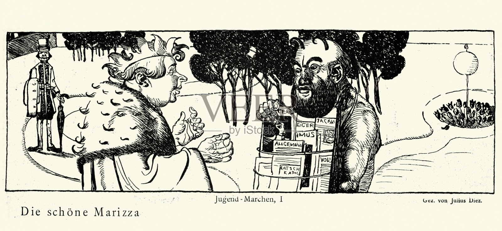 富人从街头小贩那里买报纸，德国人，Die schöne Marizza，新艺术运动插画图片素材