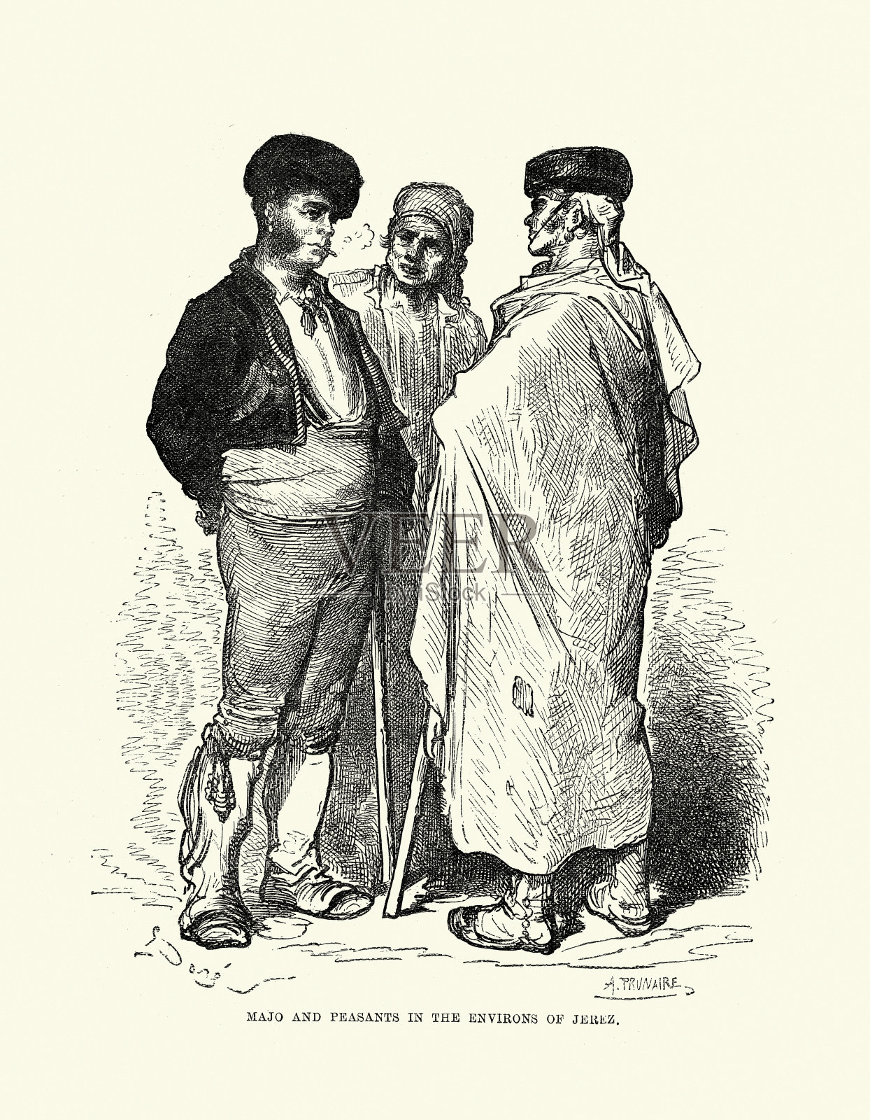 西班牙赫雷斯附近的马约和农民，插图由古斯塔夫·多雷，西班牙历史19世纪插画图片素材