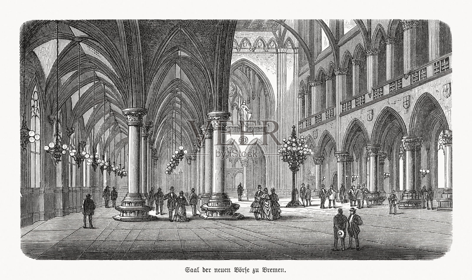 德国不来梅证券交易所内部，木刻，1893年出版插画图片素材