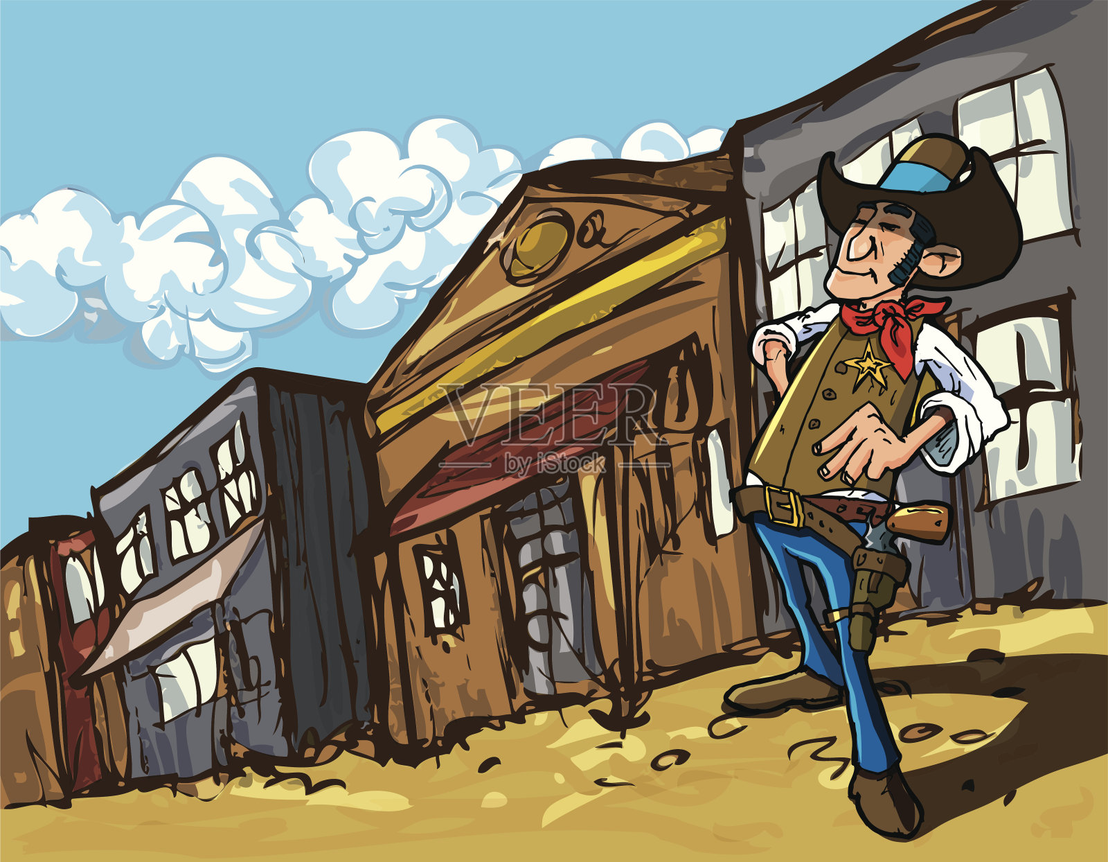 卡通牛仔警长在尘土飞扬的小镇街道上插画图片素材