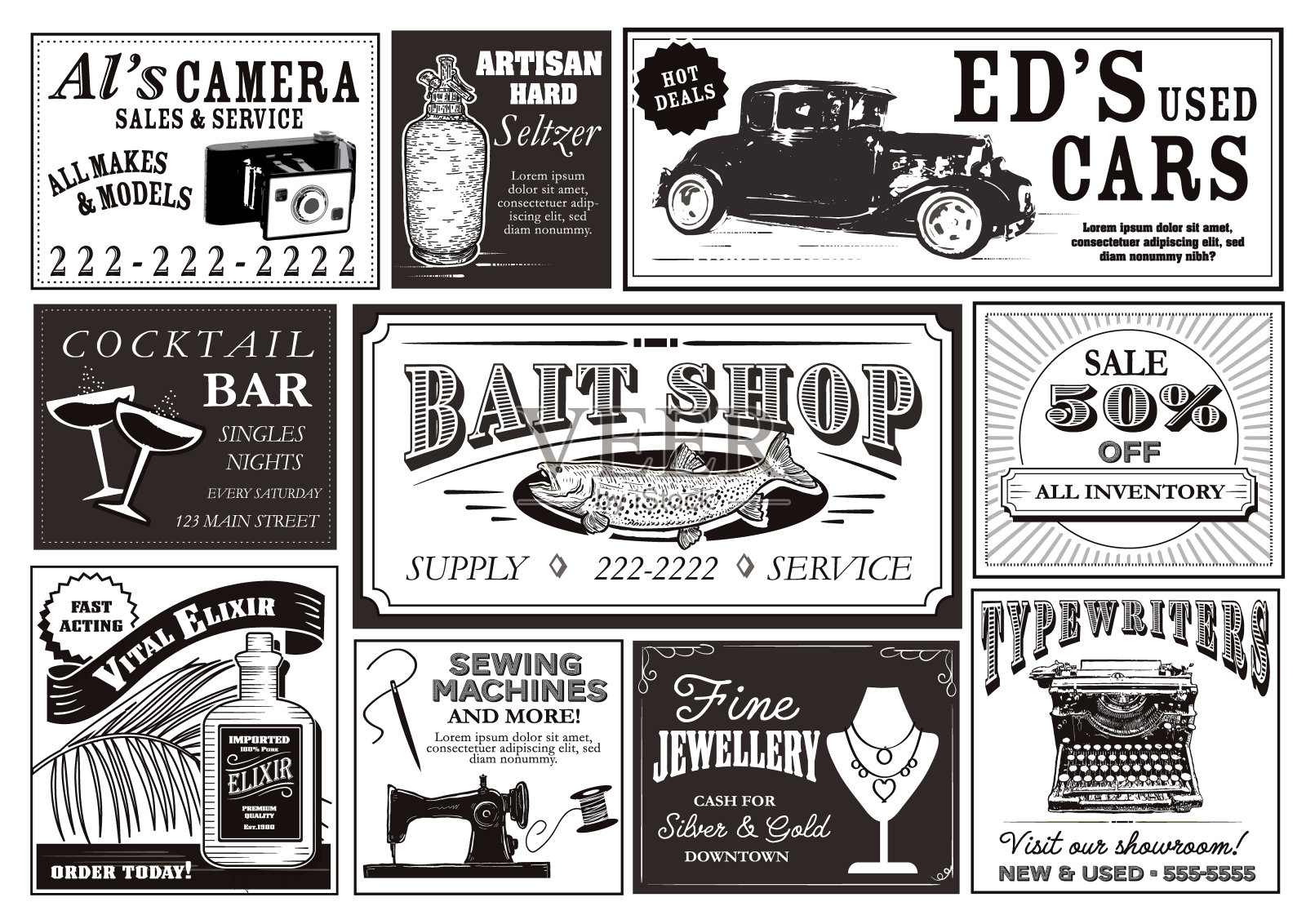 套复古或老式旧报纸广告版面设计模板黑白插画图片素材