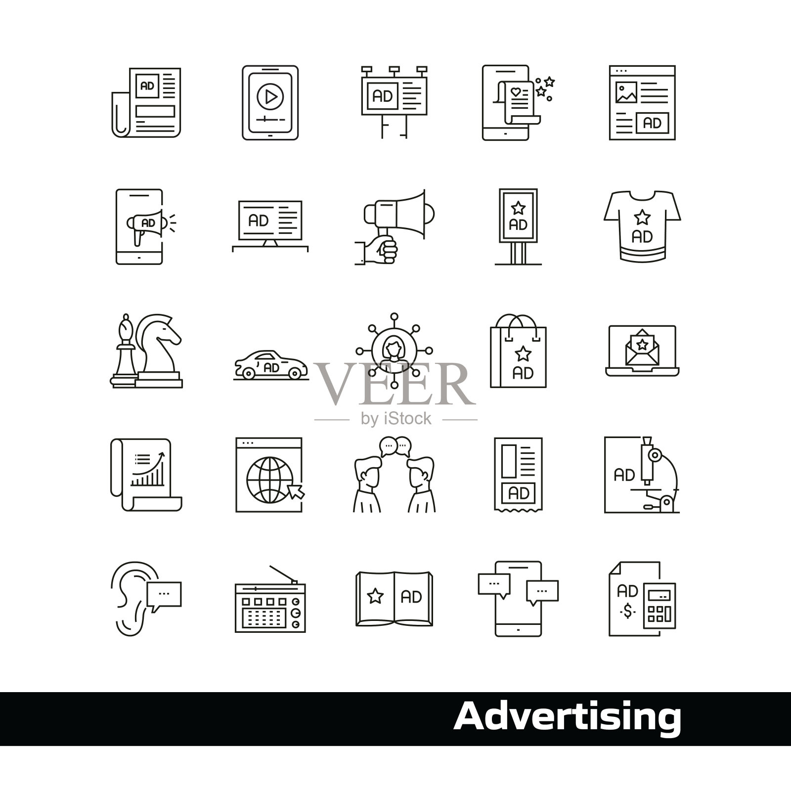 广告矢量绘制图标在48px网格，1px笔画宽度。信息图形、移动和网络等。插画图片素材