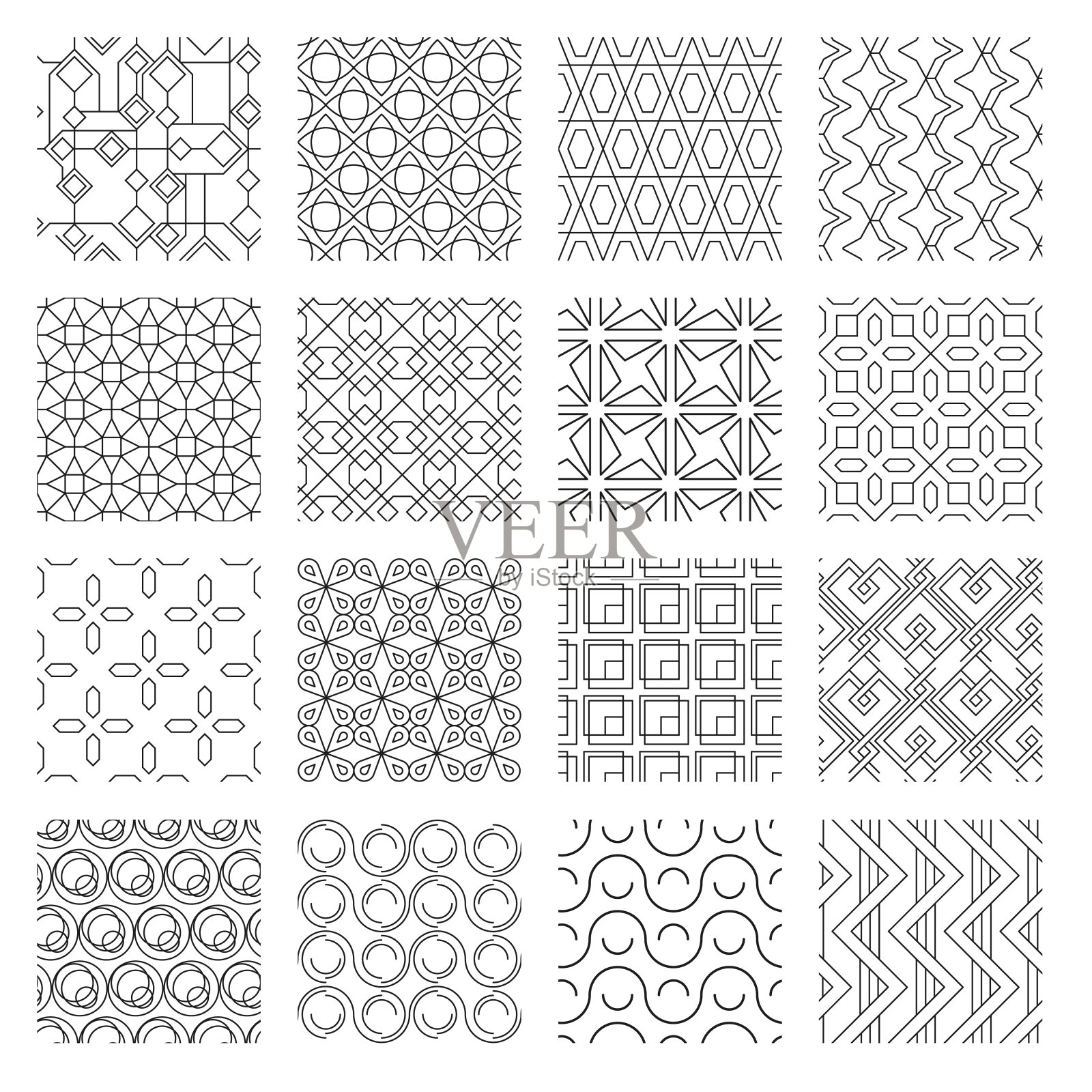 几何抽象单色无缝图案集。纺织装饰品玫瑰曲度与波动重叠漩涡创意装饰窗饰与线条和正方形图形。向量的剪纸艺术。插画图片素材