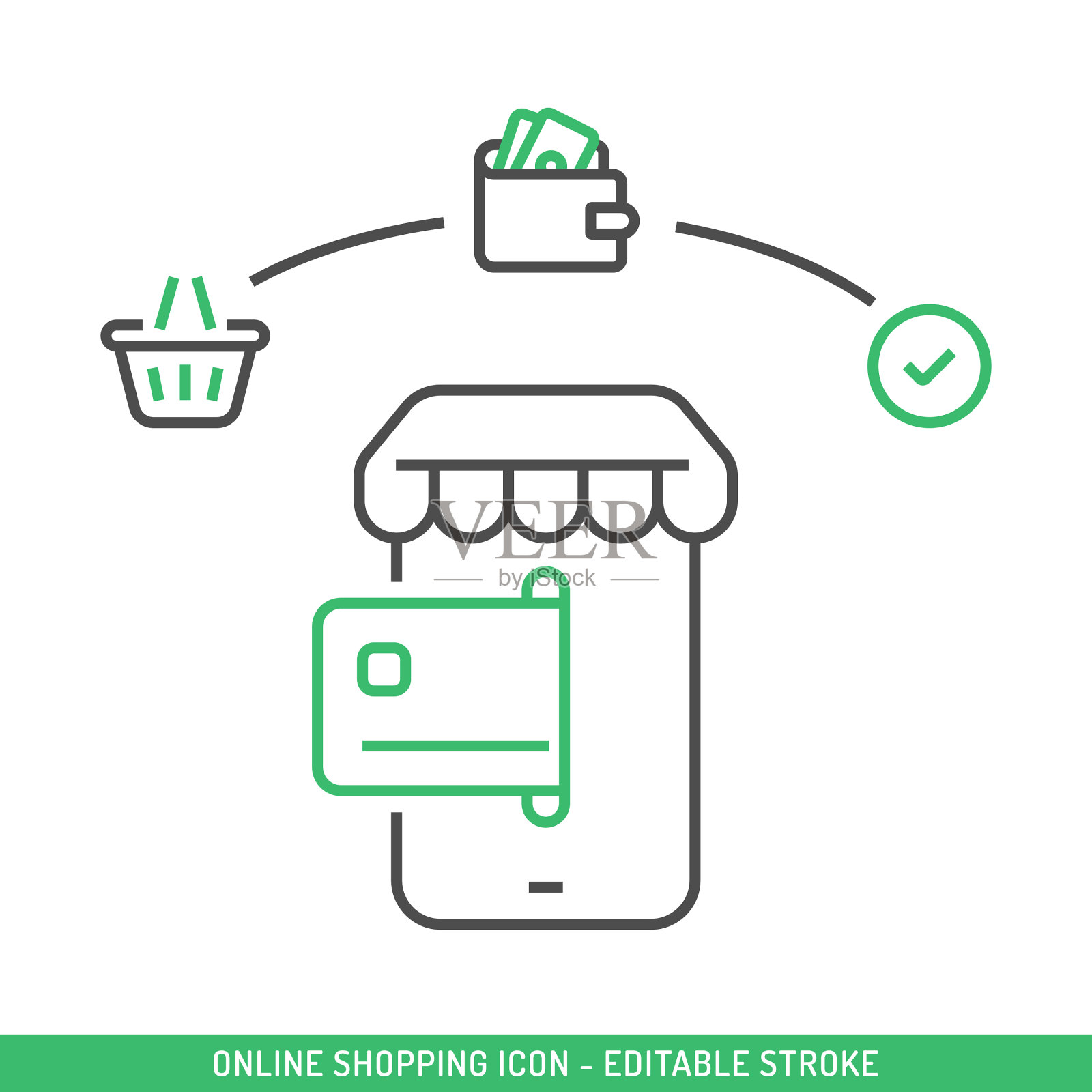 在线购物和在线支付可编辑的笔画图标矢量设计。插画图片素材