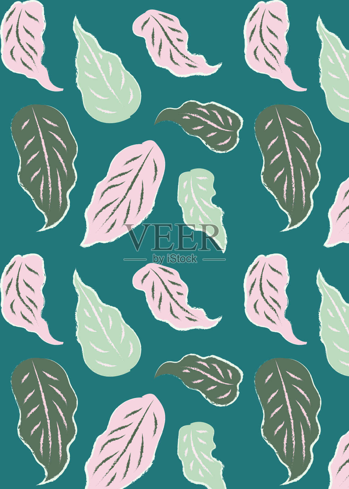 绿色和粉红色的丛林叶子无缝图案在一个泻湖绿色的背景插画图片素材