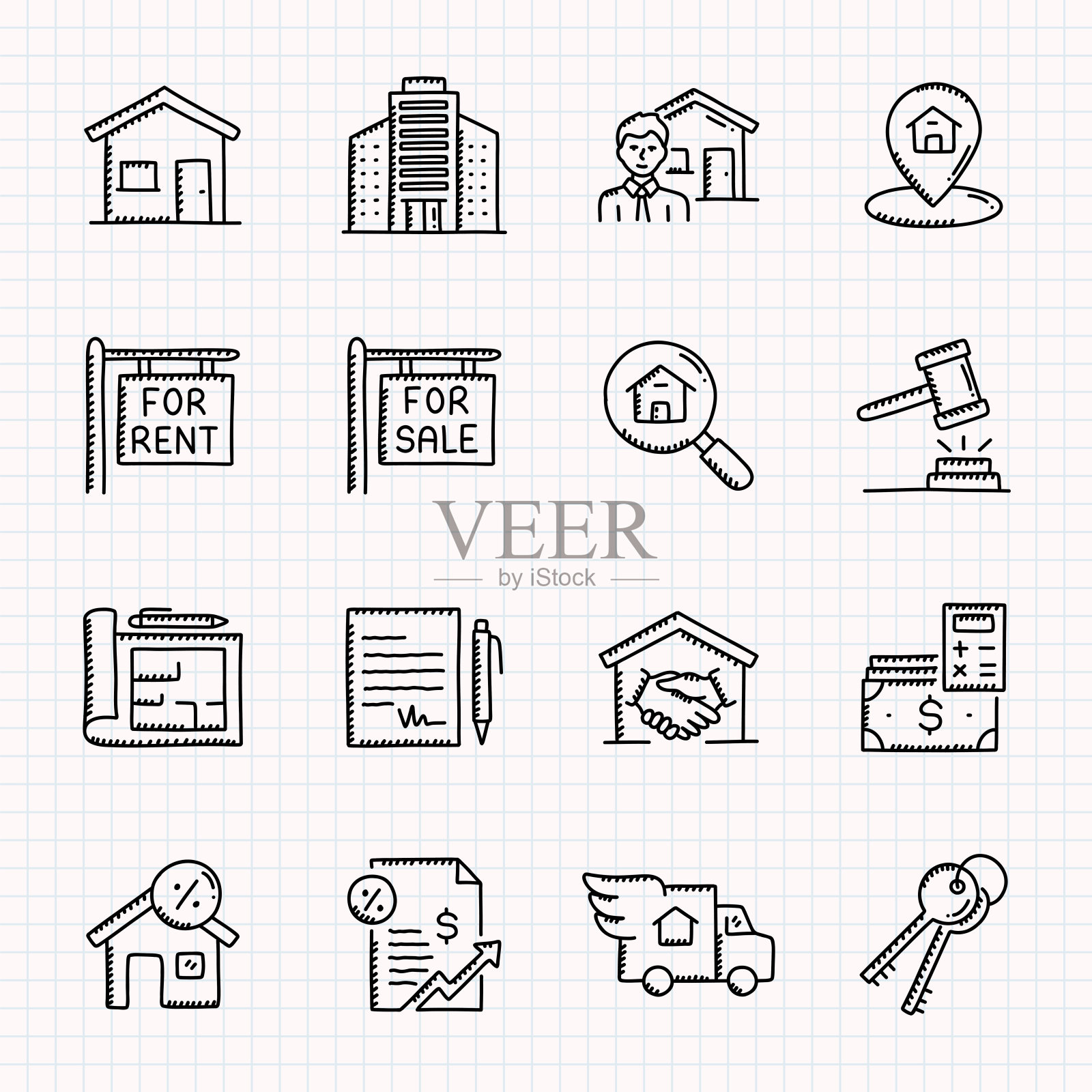 不动产手绘图标集，涂鸦风格矢量插图插画图片素材