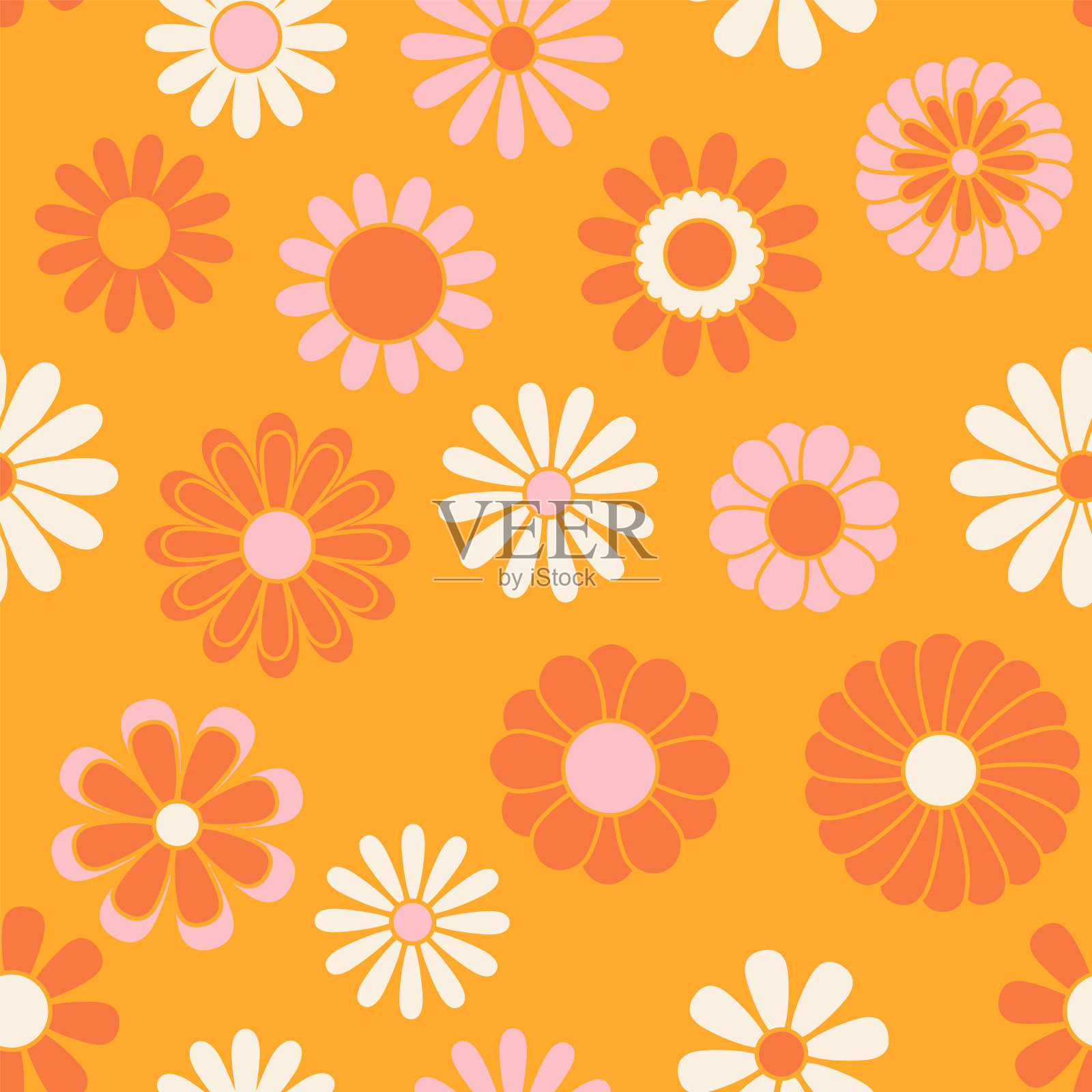 复古碎花背景。嬉皮风格矢量无缝模式。怀旧复古70年代groovy打印。纺织品和表面设计在老式的颜色插画图片素材