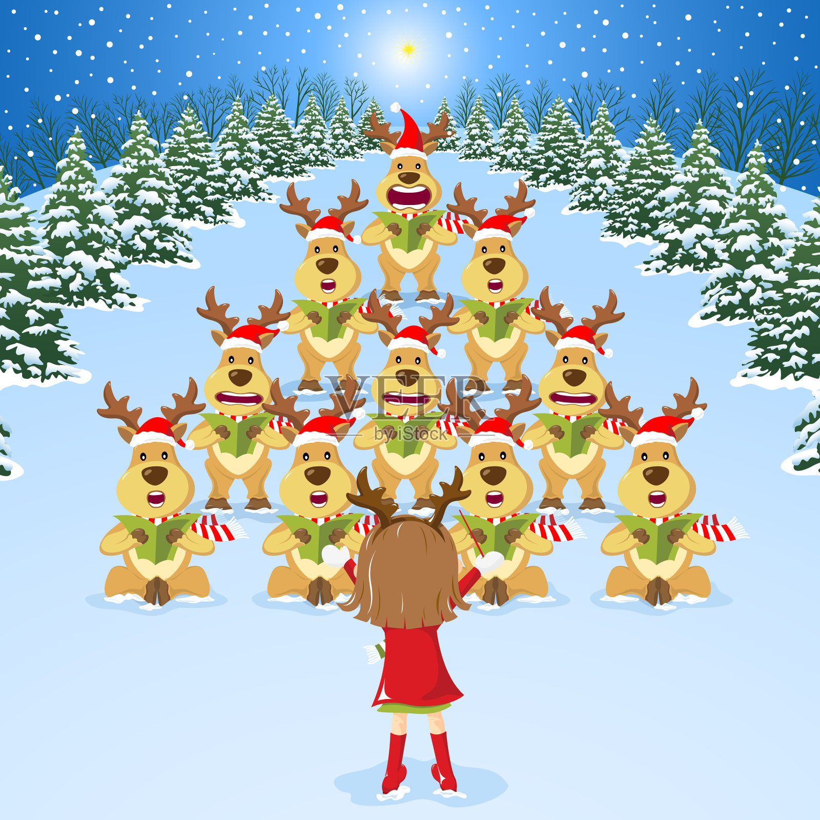 女孩指挥圣诞驯鹿颂歌插画图片素材