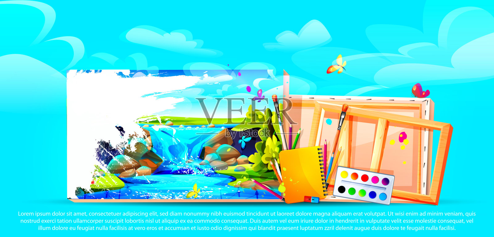 卡通风格的艺术教育理念。夏天在蝴蝶和云彩的彩色背景上，用颜料、铅笔和文具画了一幅瀑布画。具有复制空间的时尚创意矢量模板。插画图片素材
