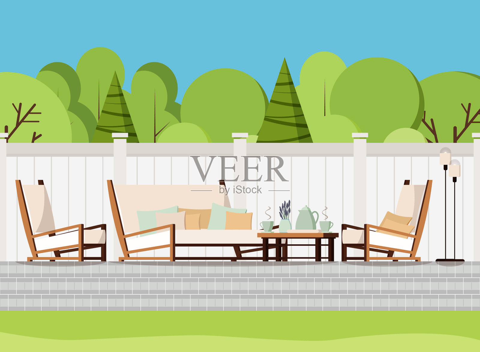 放松门廊区域私人后院庭院撤退插画图片素材