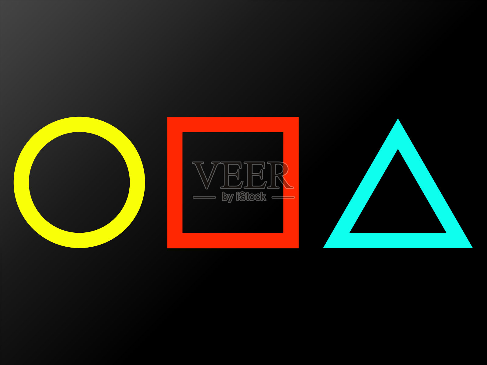 几何图形:在黑色背景上孤立的正方形、圆形和三角形插画图片素材