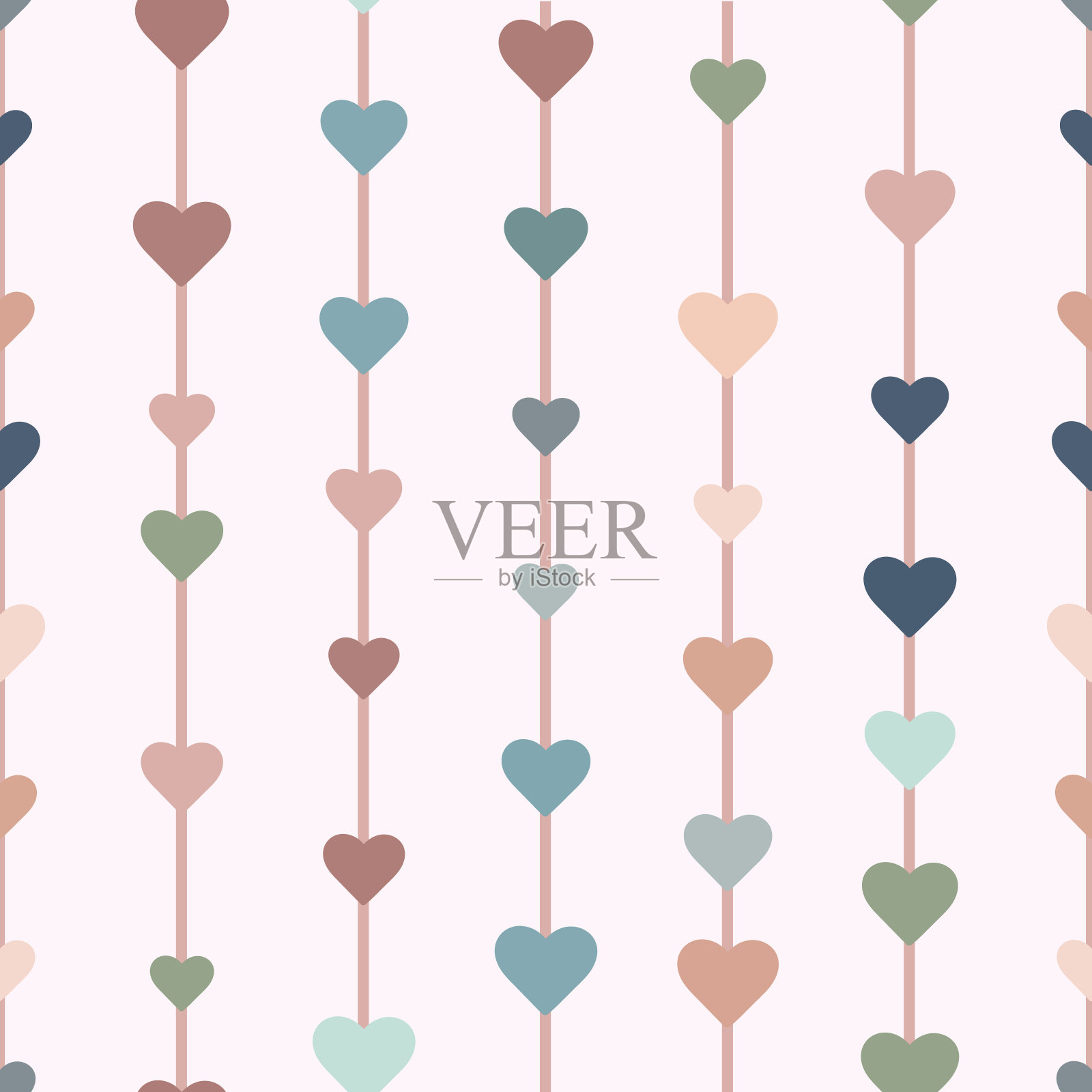 多色几何矢量图案，无缝重复，垂直条纹与心插画图片素材