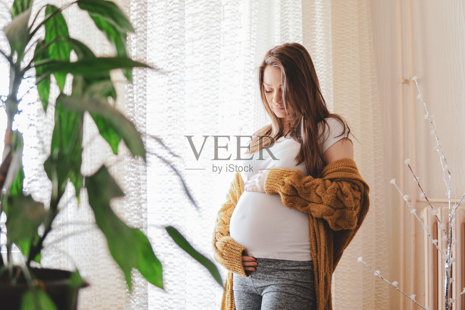 幸福的孕妇站在窗边，抱着她的肚子照片摄影图片