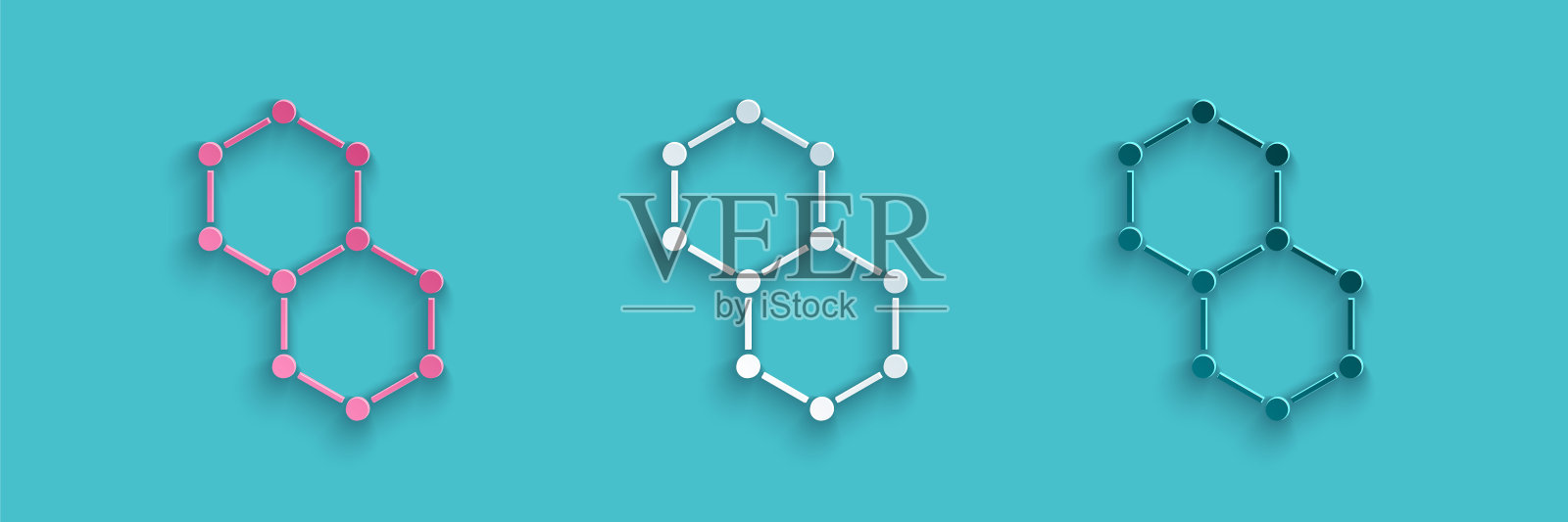 剪纸化学公式图标孤立在蓝色背景。摘要六边形用于创新医药、卫生、科研和科学。纸艺术风格。向量插画图片素材