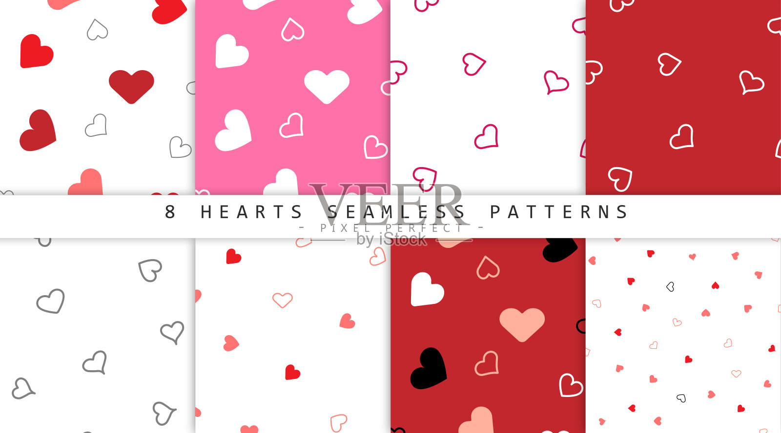 手绘心形图案集- 8像素完美无缝背景插画图片素材
