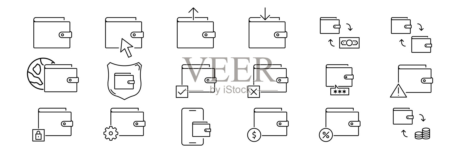 金融，钱包和金钱轮廓线黑色图标集图标素材