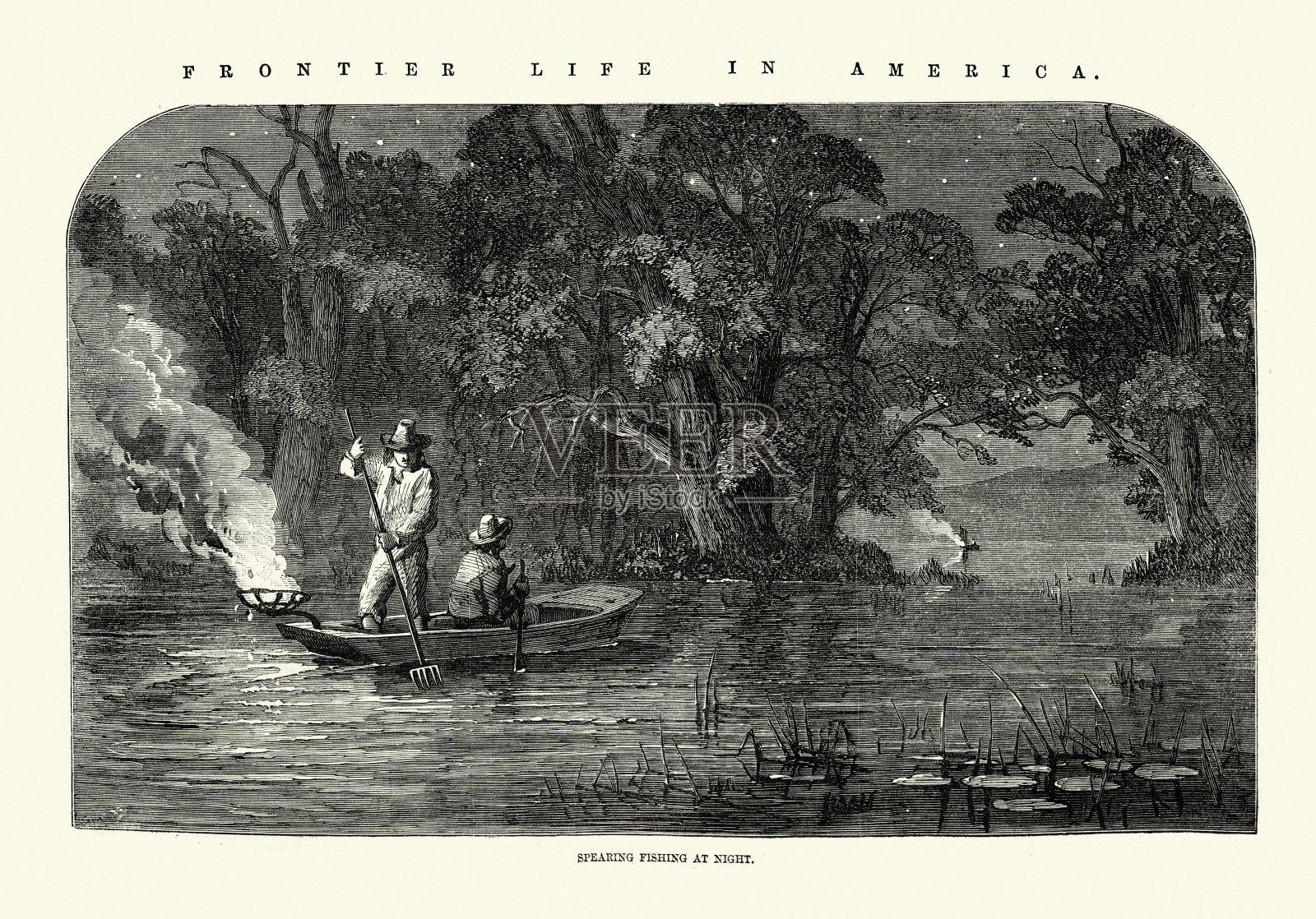 美国的边疆生活，新不伦瑞克的阿卡迪亚人在夜间用长矛捕鱼，19世纪50年代的加拿大历史，19世纪维多利亚时代插画图片素材